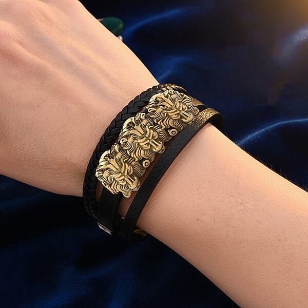 Shop Lc Triple Lion Head Microfiber Leather Bracelet In ION Plated YG Stainless Steel (8.00 In)
