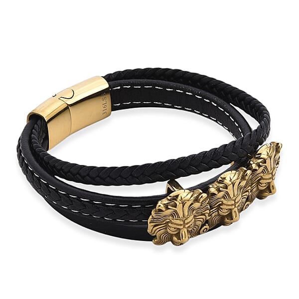 Shop Lc Triple Lion Head Microfiber Leather Bracelet In ION Plated YG Stainless Steel (8.00 In)
