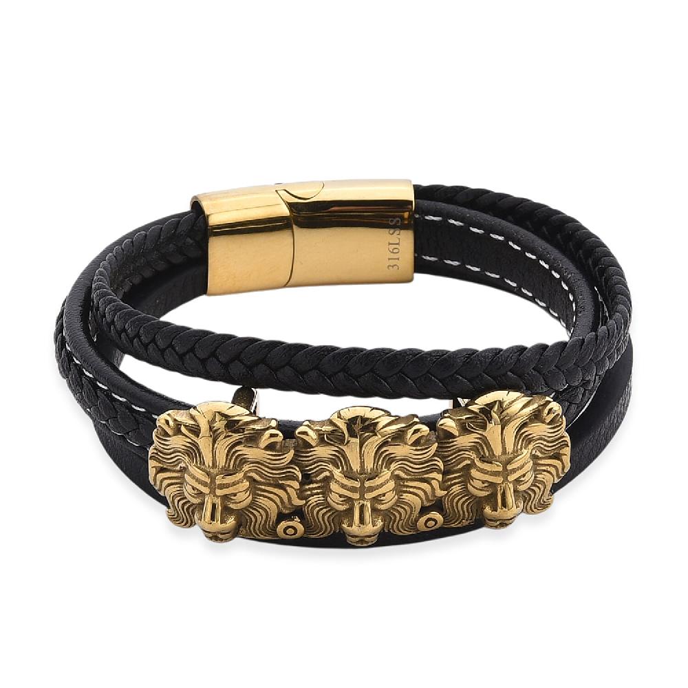 shop lc Triple Lion Head Microfiber Leather Bracelet in ION Plated YG Stainless Steel (8.00 In)