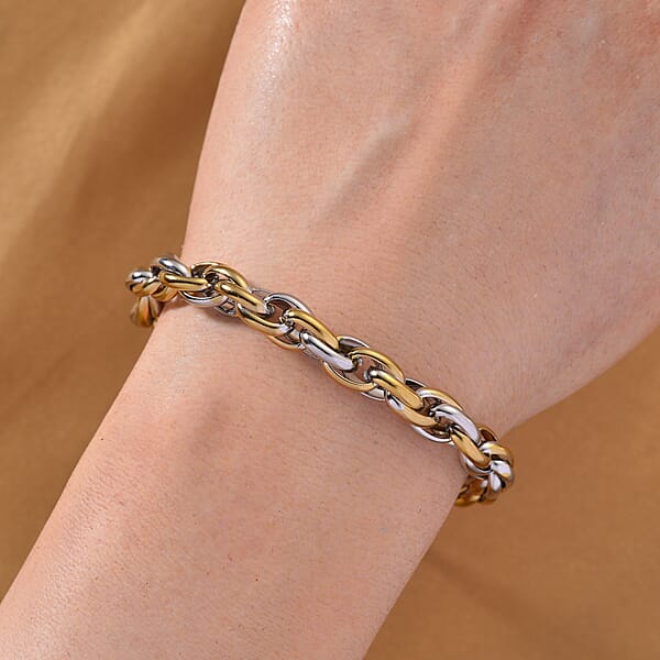 Shop Lc Two-tone Oval Link Chain Bracelet (8-10In) In ION Plated YG And Stainless Steel