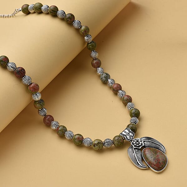 Shop Lc Unakite Beaded Necklace In Black Oxidized Silvertone Floral Pendant Flower Necklace 250.00 Ctw