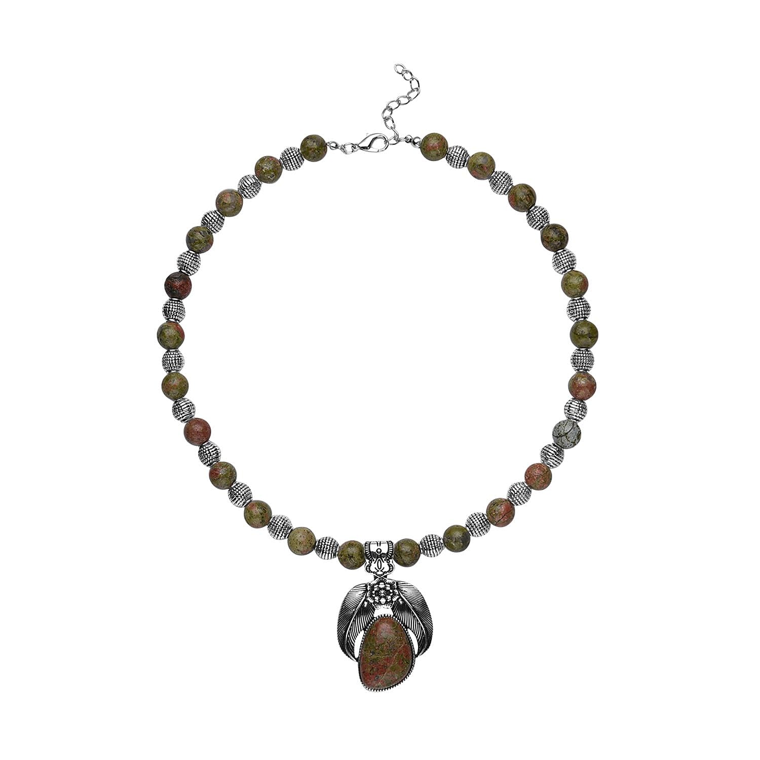 shop lc Unakite Beaded Necklace in Black Oxidized Silvertone Floral Pendant Flower Necklace 250.00 ctw