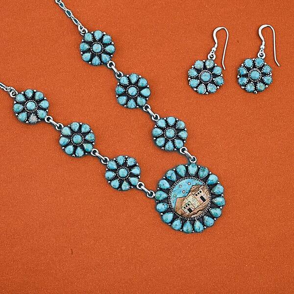 Shop Lc Valentine Special Deal 2 Piece Set - Santa Fe Style Kingman Turquoise Multi Gemstone Necklace (20 Inches) And Earrings In Sterling Silver 15.20 Ctw