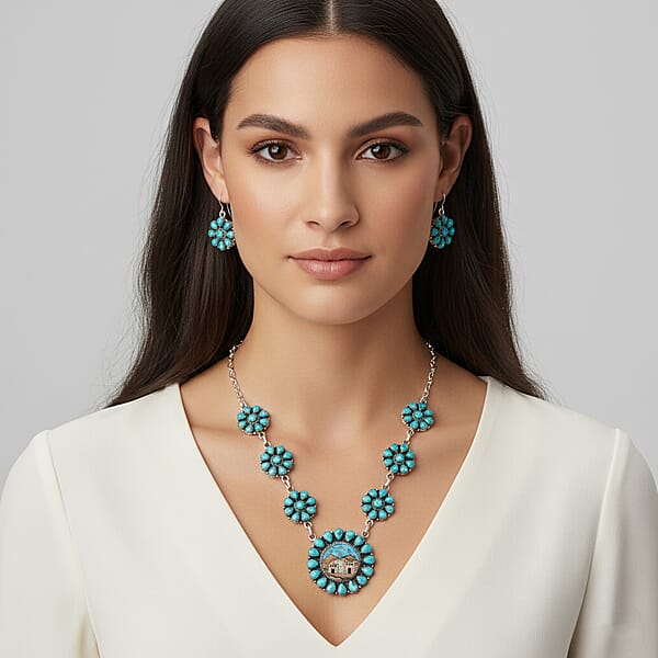 Shop Lc Valentine Special Deal 2 Piece Set - Santa Fe Style Kingman Turquoise Multi Gemstone Necklace (20 Inches) And Earrings In Sterling Silver 15.20 Ctw