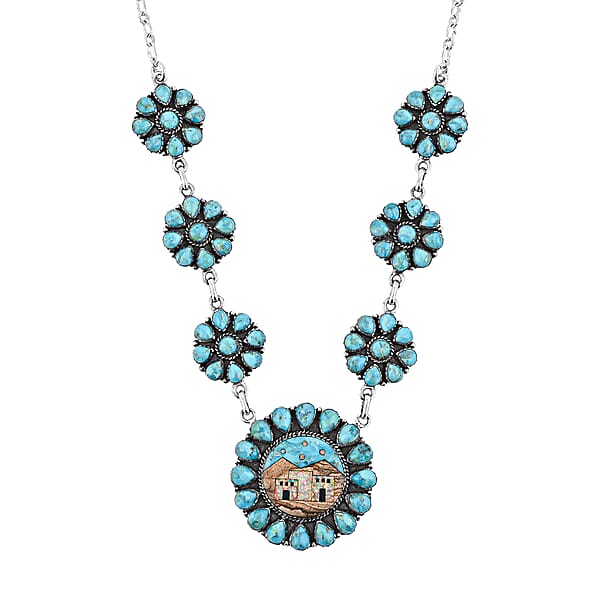 Shop Lc Valentine Special Deal 2 Piece Set - Santa Fe Style Kingman Turquoise Multi Gemstone Necklace (20 Inches) And Earrings In Sterling Silver 15.20 Ctw