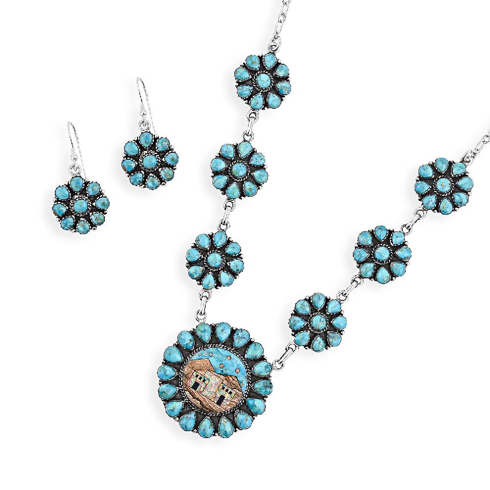shop lc Valentine Special Deal 2 Piece Set - Santa Fe Style Kingman Turquoise Multi Gemstone Necklace (20 Inches) and Earrings in Sterling Silver 15.20 ctw