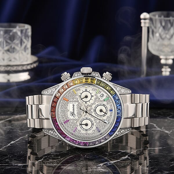Shop Lc Valentine Special Deal Genoa Simulated Multi Diamond Japanese Movement Rainbow Multifunction Watch In Silvertone 2.00 Ctw