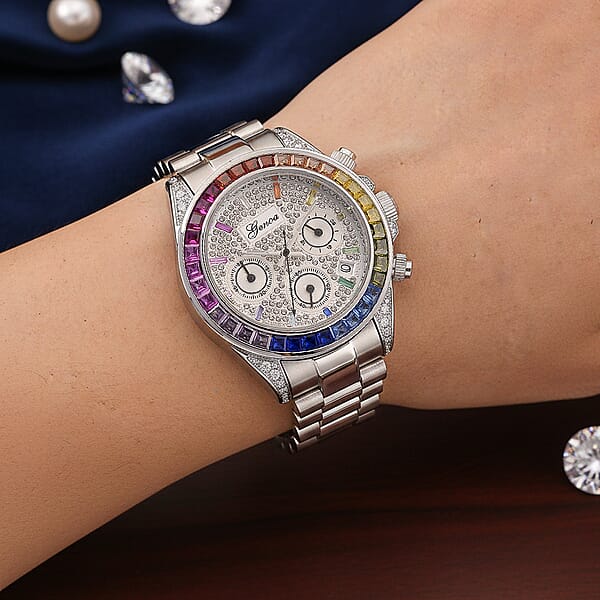 Shop Lc Valentine Special Deal Genoa Simulated Multi Diamond Japanese Movement Rainbow Multifunction Watch In Silvertone 2.00 Ctw
