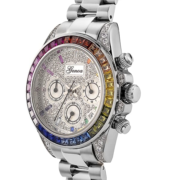 Shop Lc Valentine Special Deal Genoa Simulated Multi Diamond Japanese Movement Rainbow Multifunction Watch In Silvertone 2.00 Ctw