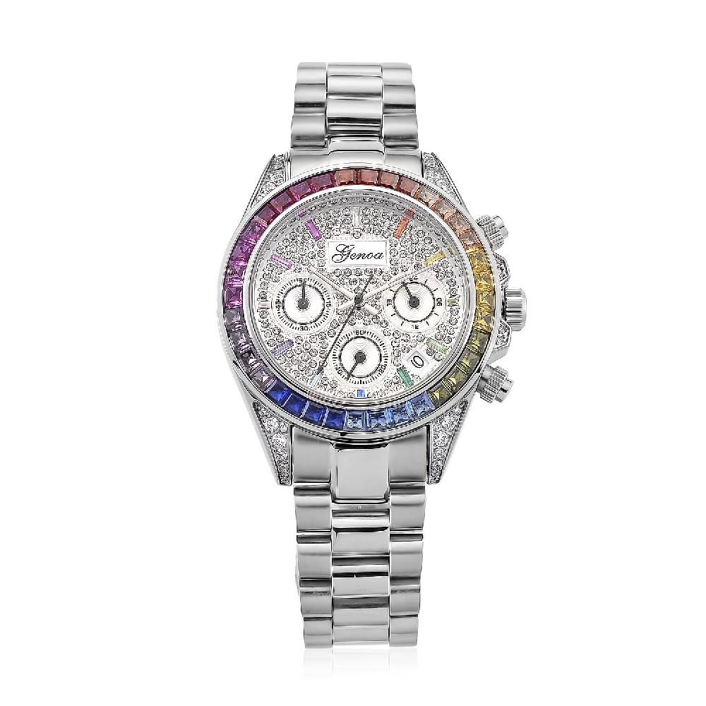 shop lc Valentine Special Deal Genoa Simulated Multi Diamond Japanese movement Rainbow Multifunction Watch in Silvertone 2.00 ctw