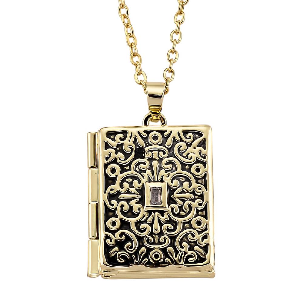 shop lc Vintage Book Pendant Necklace in ION Plated YG Stainless Steel 20-22 Inches