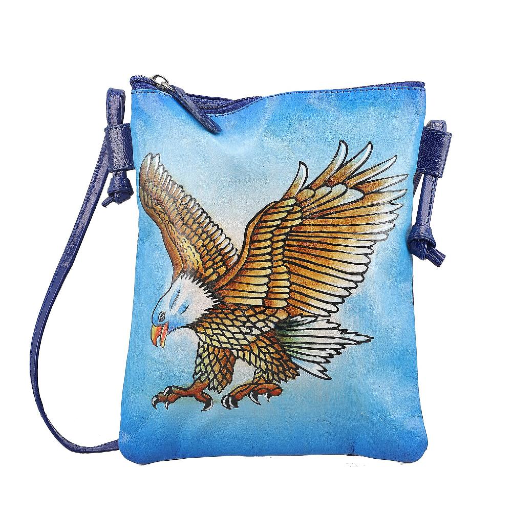 shop lc Vivid by Sukriti Blue Eagle Pattern Hand Painted Genuine Leather Crossbody Bag
