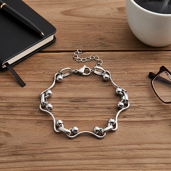 Shop Lc Wave Bead Link Chain Bracelet In Stainless Steel (7.50-9.0In)