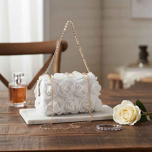 Shop Lc White 3D Flower Crystal Evening Clutch Bag With Shoulder Chain Strap