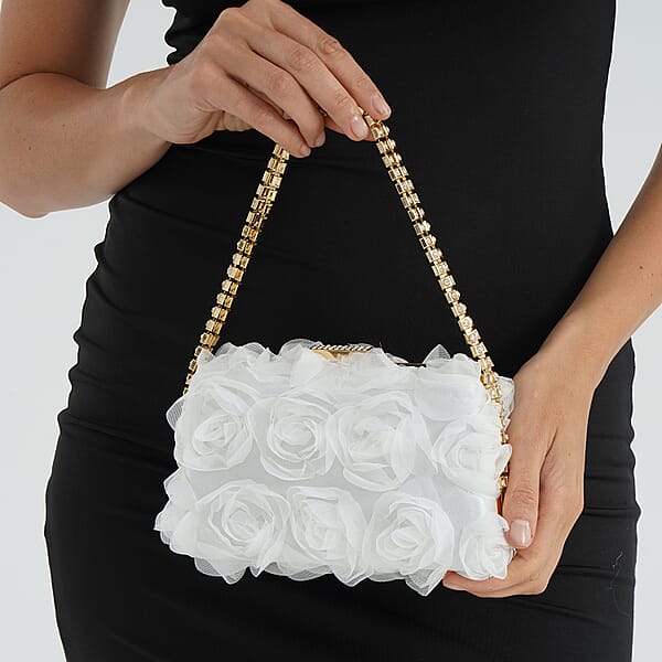 Shop Lc White 3D Flower Crystal Evening Clutch Bag With Shoulder Chain Strap