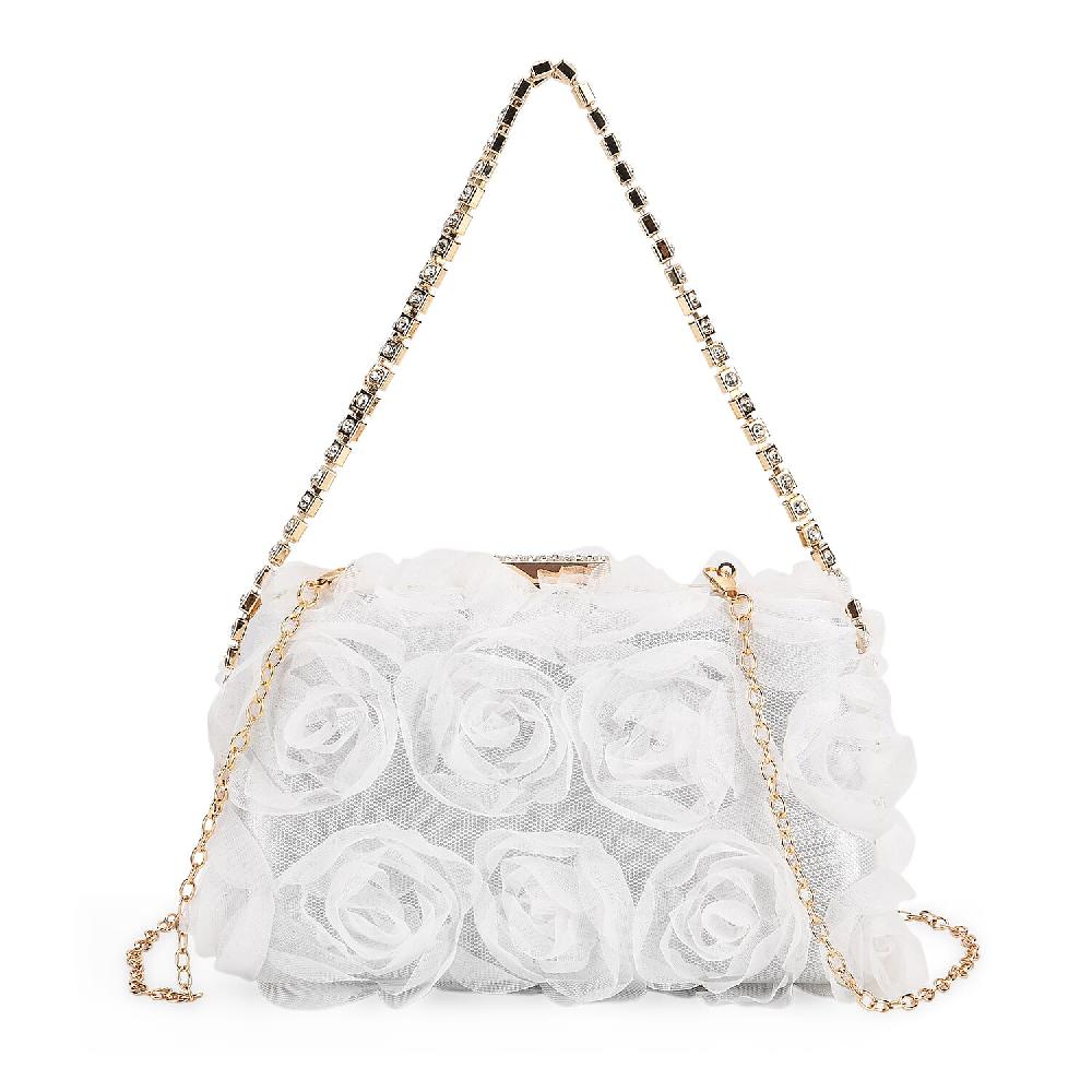 shop lc White 3D Flower Crystal Evening Clutch Bag with Shoulder Chain Strap