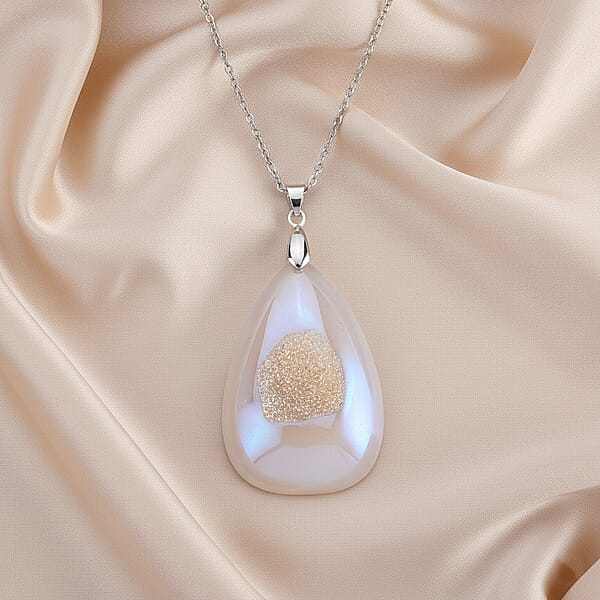 Shop Lc White Aurora Borealis Color Druzy Quartz 70.00 Ctw Pendant In Silvertone With Stainless Steel Necklace 20-22 Inches