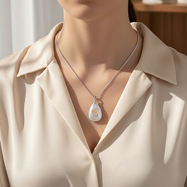 Shop Lc White Aurora Borealis Color Druzy Quartz 70.00 Ctw Pendant In Silvertone With Stainless Steel Necklace 20-22 Inches