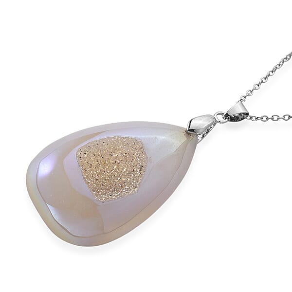 Shop Lc White Aurora Borealis Color Druzy Quartz 70.00 Ctw Pendant In Silvertone With Stainless Steel Necklace 20-22 Inches