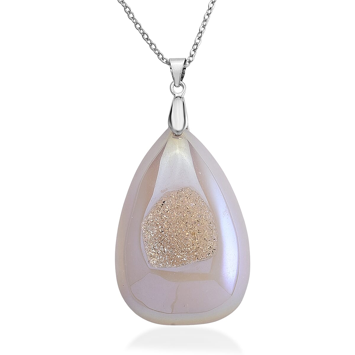 shop lc White Aurora Borealis color Druzy Quartz 70.00 ctw Pendant in Silvertone with Stainless Steel Necklace 20-22 Inches