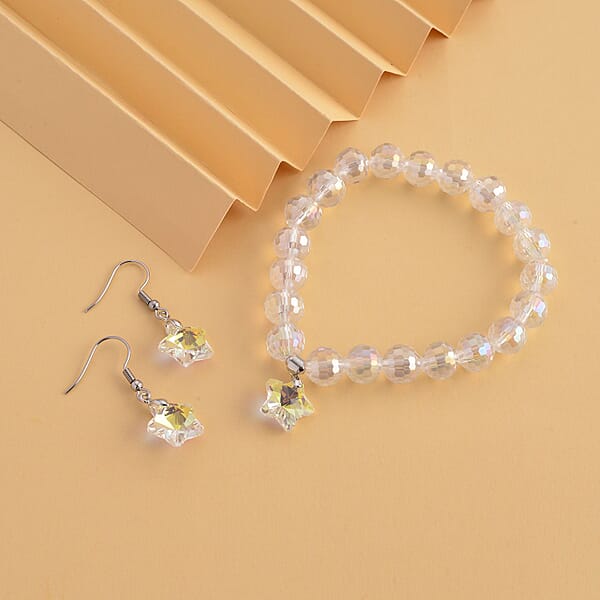 Shop Lc White Aurora Borealis Glass Beaded Star Charm Bracelet (6.50In) And Drop Earrings In Silvertone And Stainless Steel Tarnish-Free Waterproof Sweat Proof Jewelry