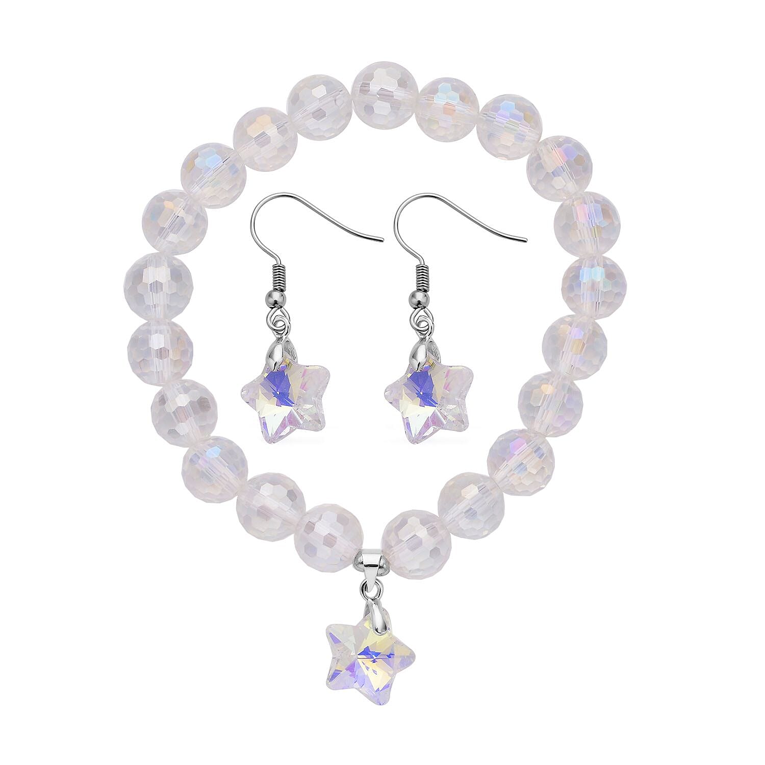 shop lc White Aurora Borealis Glass Beaded Star Charm Bracelet (6.50In) and Drop Earrings in Silvertone and Stainless Steel Tarnish-Free Waterproof Sweat Proof Jewelry