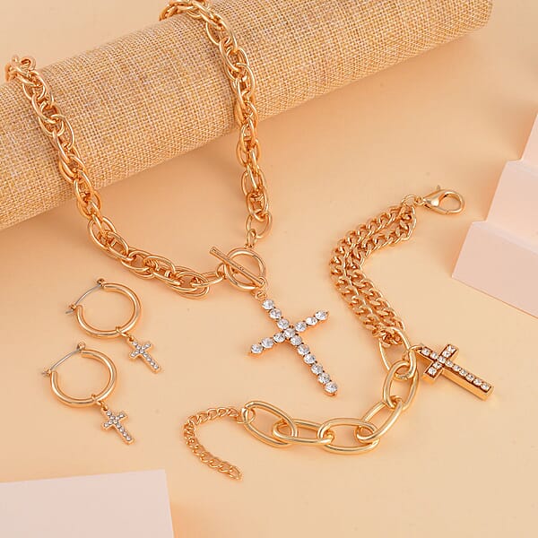 Shop Lc White Austrian Crystal Cross Necklace 20 Inches And Bracelet (8.50-9.00In) And Earrings In Goldtone
