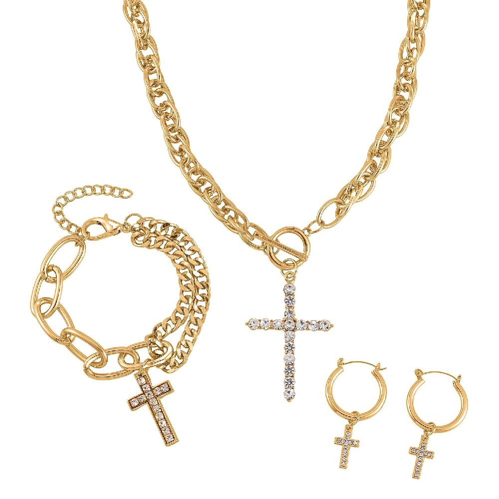 shop lc White Austrian Crystal Cross Necklace 20 Inches and Bracelet (8.50-9.00In) and Earrings in Goldtone