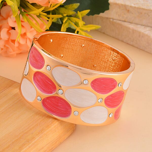 Shop Lc White Austrian Crystal White And Rose Red Color Enameled Bangle Bracelet In Goldtone (7.00 In)