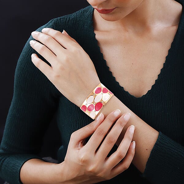 Shop Lc White Austrian Crystal White And Rose Red Color Enameled Bangle Bracelet In Goldtone (7.00 In)