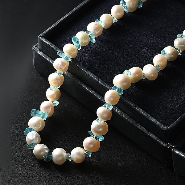 Shop Lc White Fresh Water Pearl And Betroka Blue Apatite 25.00 Ctw Necklace In Rhodium Over Sterling Silver 18 Inches