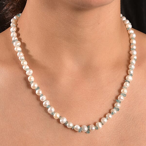 Shop Lc White Fresh Water Pearl And Betroka Blue Apatite 25.00 Ctw Necklace In Rhodium Over Sterling Silver 18 Inches