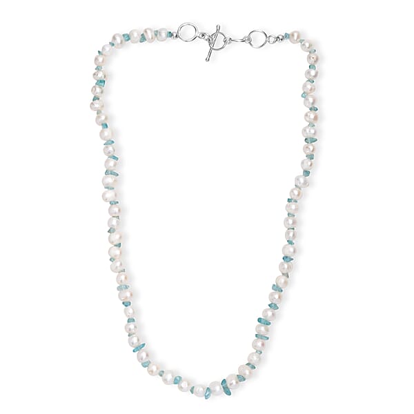 Shop Lc White Fresh Water Pearl And Betroka Blue Apatite 25.00 Ctw Necklace In Rhodium Over Sterling Silver 18 Inches