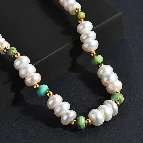 Shop Lc White Fresh Water Pearl And Sonoran Gold Turquoise 17.00 Ctw Necklace In 18K Vermeil Yellow Gold Over Sterling Silver 18 Inches