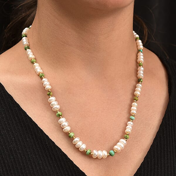 Shop Lc White Fresh Water Pearl And Sonoran Gold Turquoise 17.00 Ctw Necklace In 18K Vermeil Yellow Gold Over Sterling Silver 18 Inches