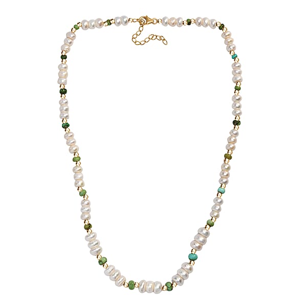 Shop Lc White Fresh Water Pearl And Sonoran Gold Turquoise 17.00 Ctw Necklace In 18K Vermeil Yellow Gold Over Sterling Silver 18 Inches