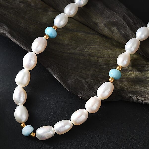 Shop Lc White Freshwater Pearl And Larimar 10.00 Ctw Necklace In 18K Vermeil Yellow Gold Over Sterling Silver 18 Inches