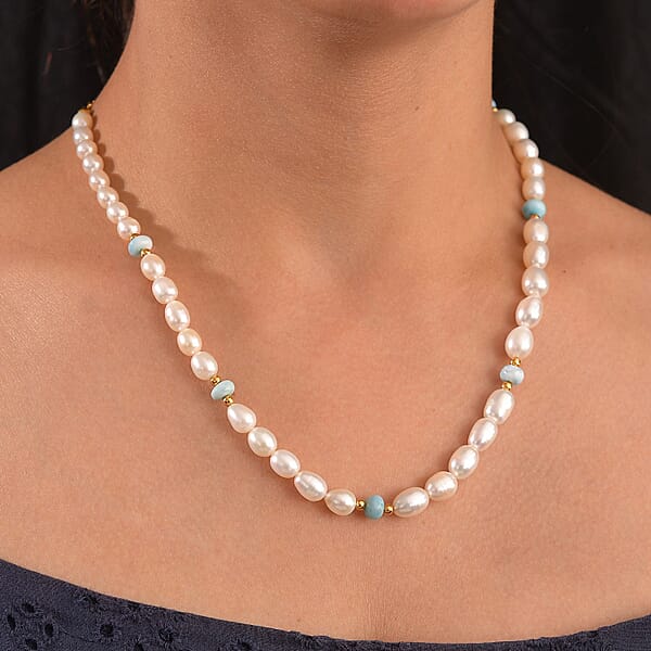 Shop Lc White Freshwater Pearl And Larimar 10.00 Ctw Necklace In 18K Vermeil Yellow Gold Over Sterling Silver 18 Inches