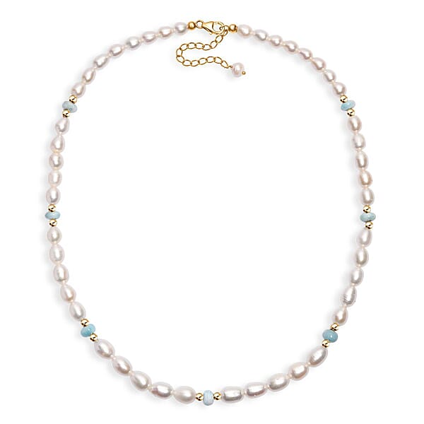 Shop Lc White Freshwater Pearl And Larimar 10.00 Ctw Necklace In 18K Vermeil Yellow Gold Over Sterling Silver 18 Inches
