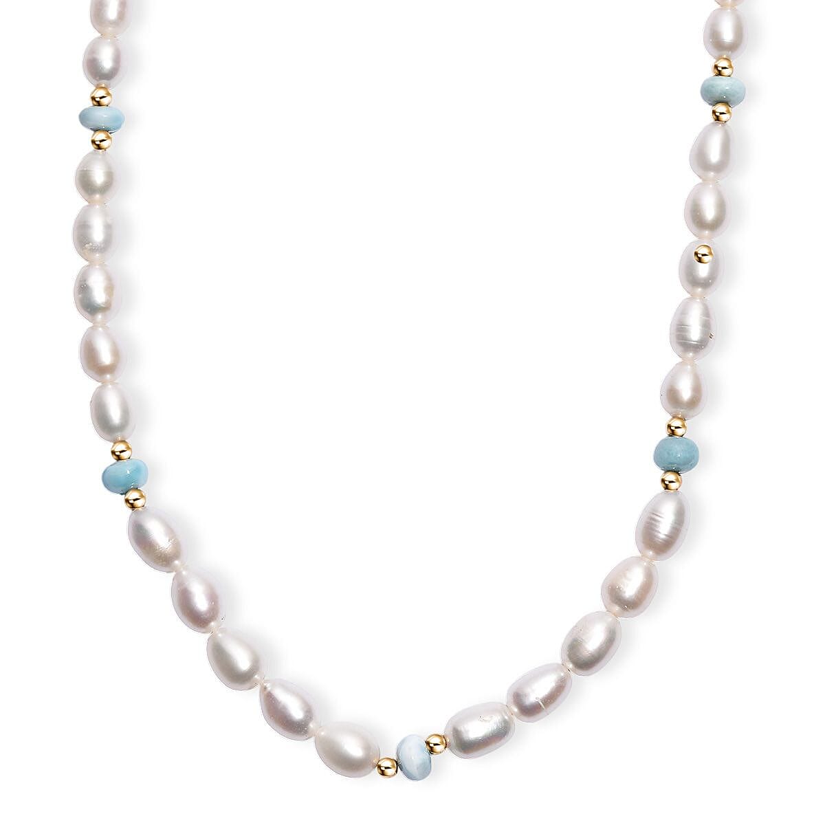 shop lc White Freshwater Pearl and Larimar 10.00 ctw Necklace in 18K Vermeil Yellow Gold Over Sterling Silver 18 Inches