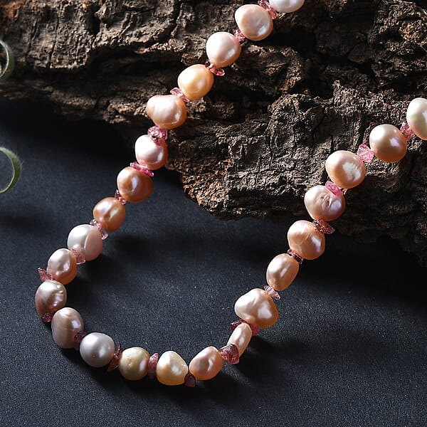 Shop Lc White Freshwater Pearl And Morro Redondo Pink Tourmaline 18 Ctw Necklace 18 Inches In 18K Vermeil Rose Gold Over Sterling Silver