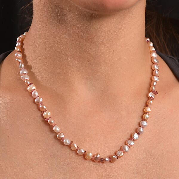 Shop Lc White Freshwater Pearl And Morro Redondo Pink Tourmaline 18 Ctw Necklace 18 Inches In 18K Vermeil Rose Gold Over Sterling Silver