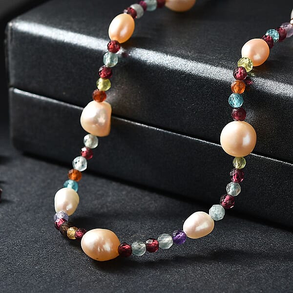 Shop Lc White Freshwater Pearl And Multi Gemstones 35.00 Ctw Necklace In Rhodium Over Sterling Silver 24 Inches