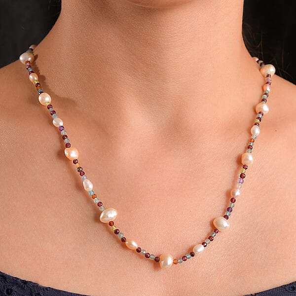 Shop Lc White Freshwater Pearl And Multi Gemstones 35.00 Ctw Necklace In Rhodium Over Sterling Silver 24 Inches