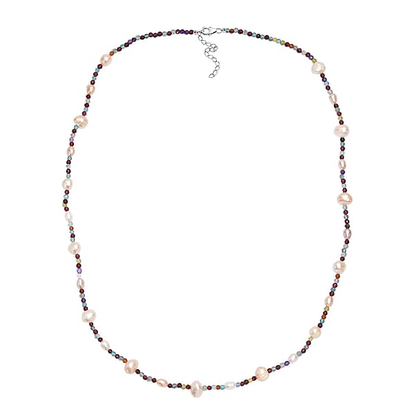 Shop Lc White Freshwater Pearl And Multi Gemstones 35.00 Ctw Necklace In Rhodium Over Sterling Silver 24 Inches