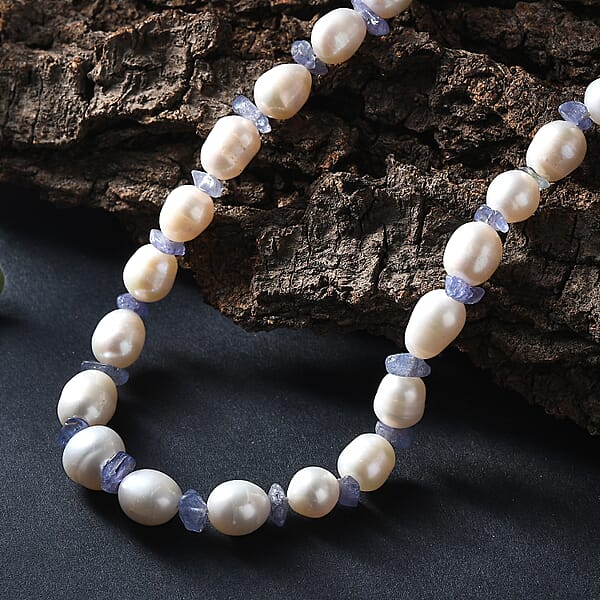 Shop Lc White Freshwater Pearl And Tanzanite 20 Ctw Moon Over Indigo Necklace 18 Inches In Rhodium Over Sterling Silver