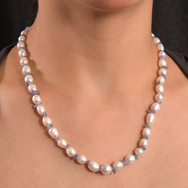 Shop Lc White Freshwater Pearl And Tanzanite 20 Ctw Moon Over Indigo Necklace 18 Inches In Rhodium Over Sterling Silver