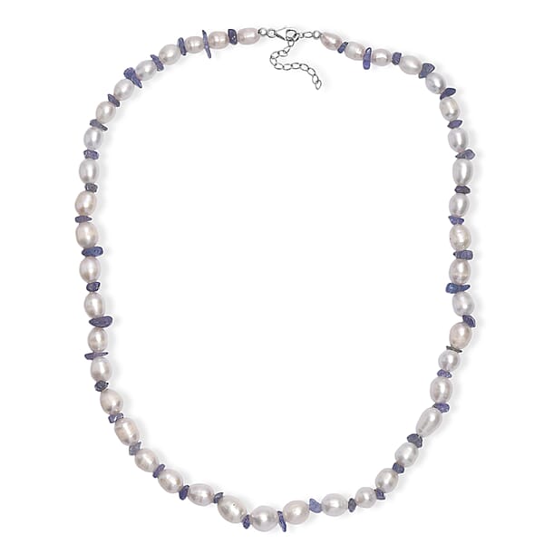 Shop Lc White Freshwater Pearl And Tanzanite 20 Ctw Moon Over Indigo Necklace 18 Inches In Rhodium Over Sterling Silver