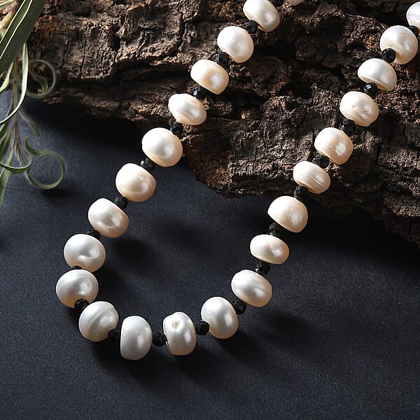 Shop Lc White Freshwater Pearl And Thai Black Spinel 12 Ctw Night And Light Necklace 18 Inches In Rhodium Over Sterling Silver