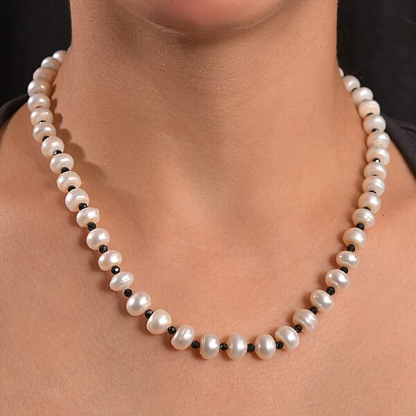 Shop Lc White Freshwater Pearl And Thai Black Spinel 12 Ctw Night And Light Necklace 18 Inches In Rhodium Over Sterling Silver